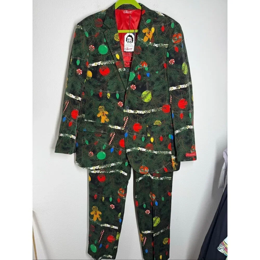 Shinesty Christmas Tree Camo Suit Jacket 46 Pants 36/34 NYE ugly Funny Sweater